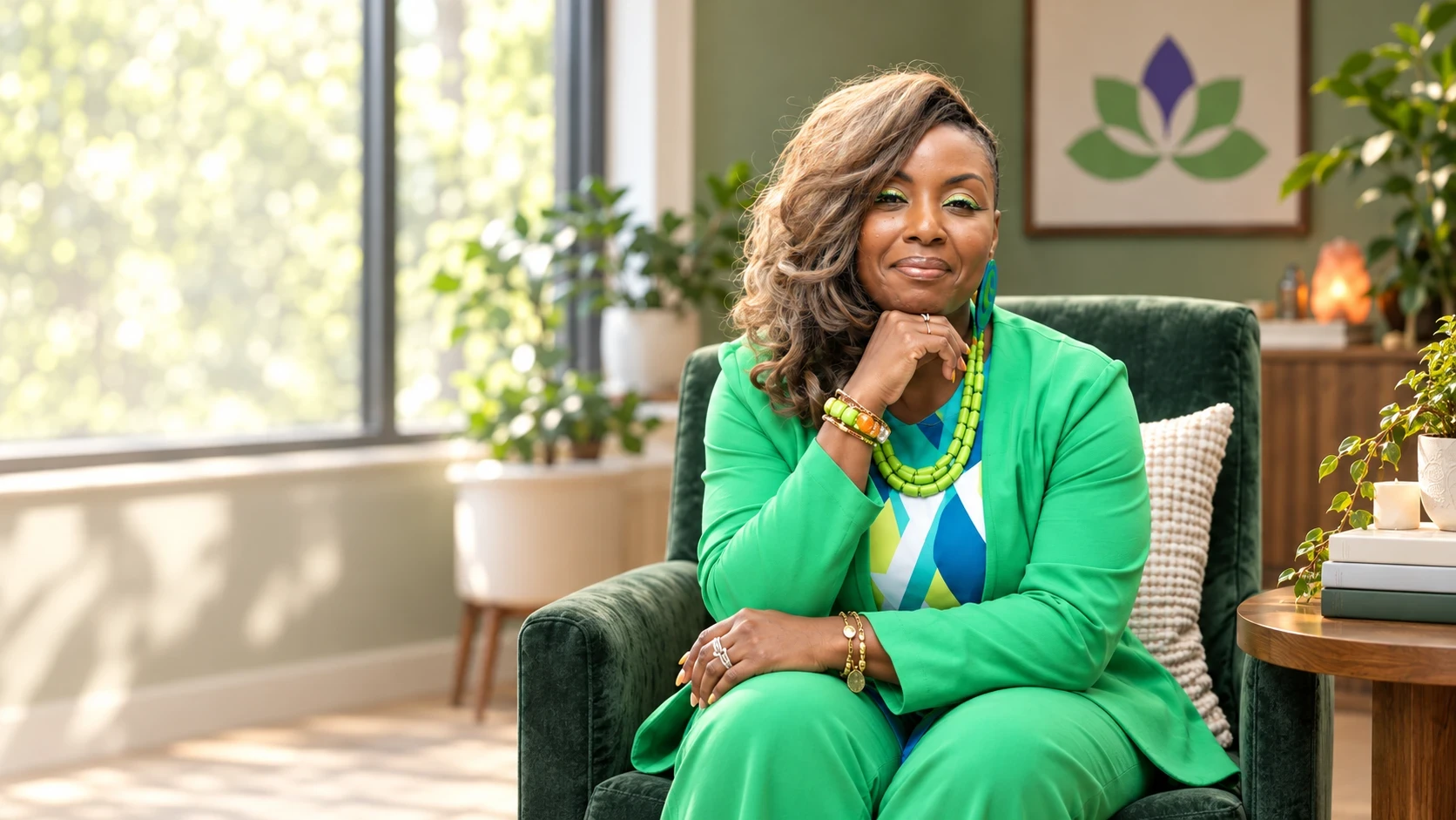T. Nicole Ellis seated in a green armchair in her plant-filled therapy room